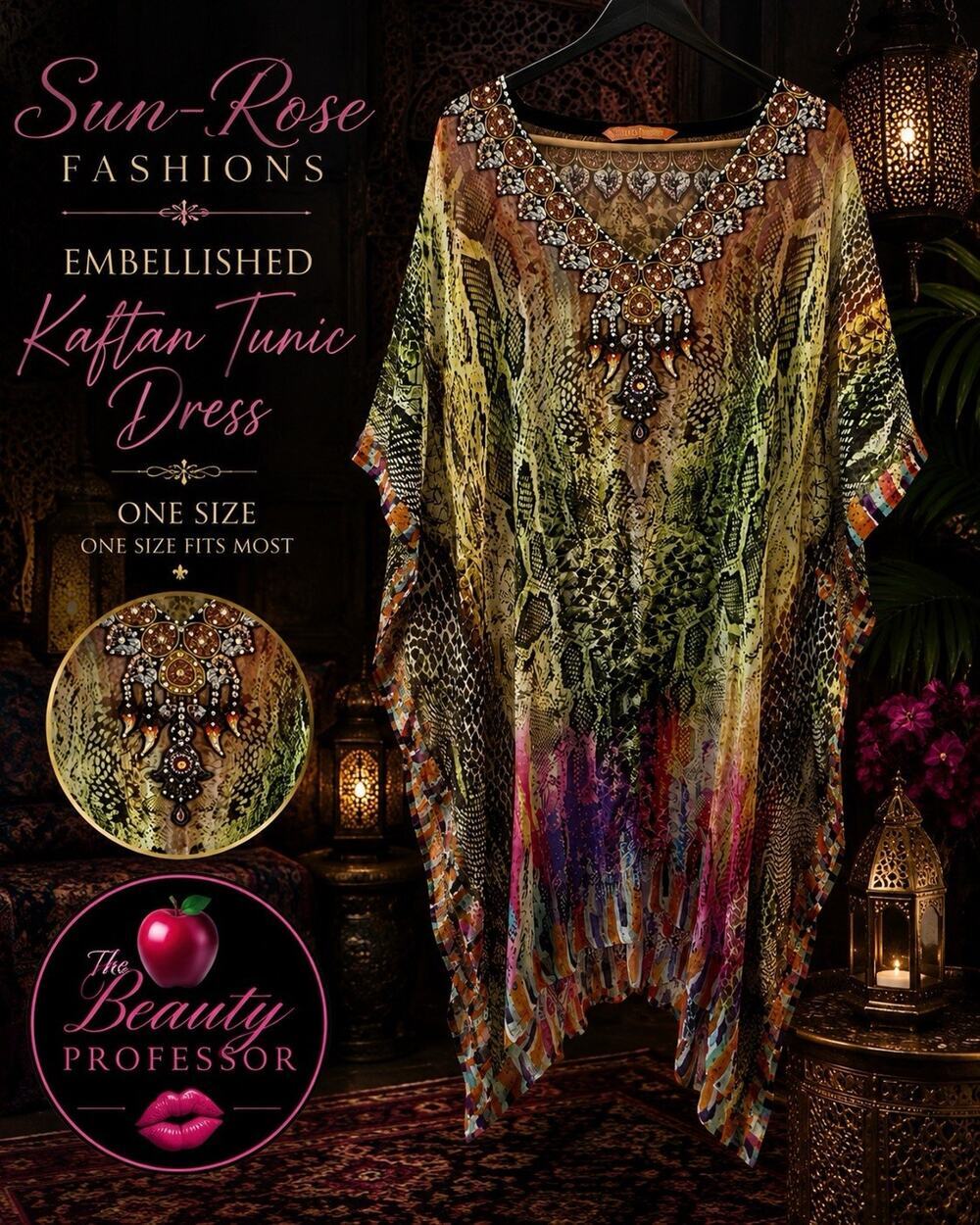 Sun-Rose Fashions Embellished Kaftan Tunic Dress One Size Boho Jeweled